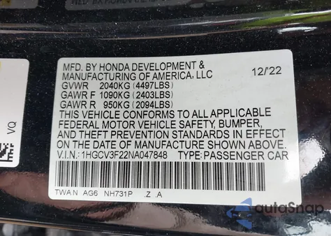 2022 Honda Accord Hybrid Sport z USA, uszkodzony, nr VIN 1HGCV3F22NA047848